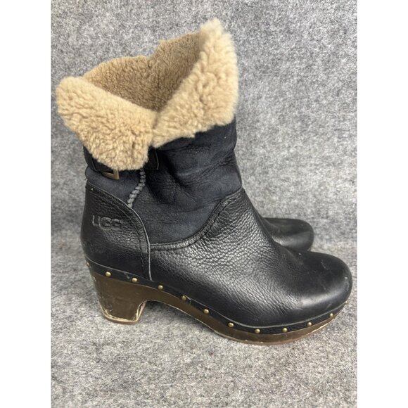 UGG Boots Womens Size 9 Black Shearling Lined Leather Clog Heels Studded 1003856 - Picture 4 of 8